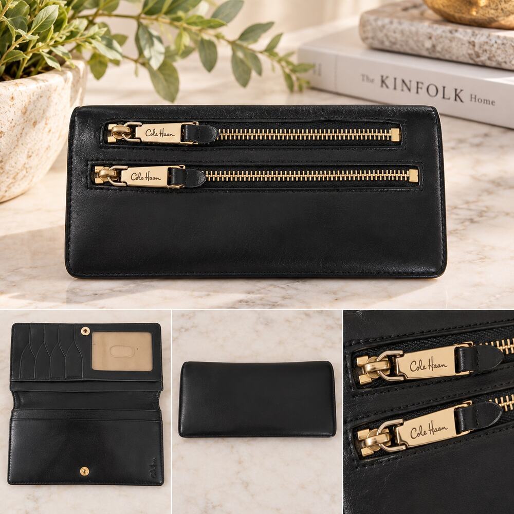 Cole Haan Wallet Black Leather Bifold Checkbook Card Holder ID Window Zip Pocket